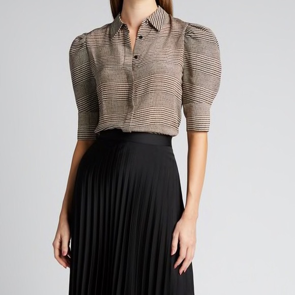 Alice + Olivia Tops - Alice + Olivia Willa Houndstooth Check Scrunched Puff-Sleeve Top